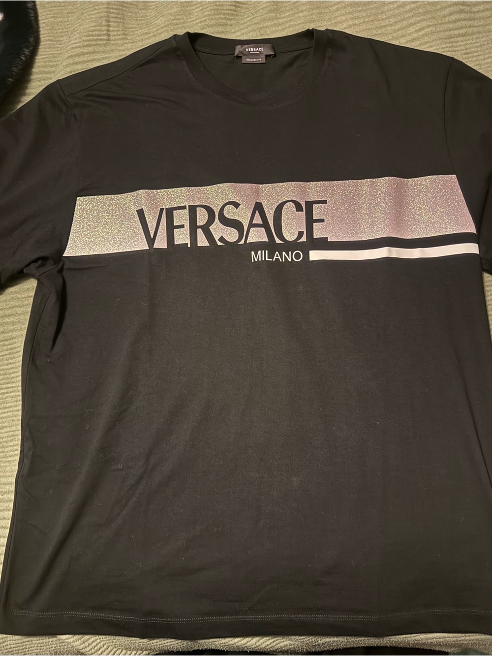 Versace Black Tee with Iridescent Stripe Logo